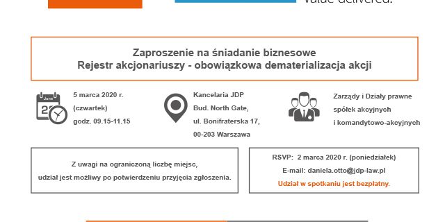 Zaproszenie na śniadanie biznesowe. Rejestr akcjonariuszy – obowiązkowa dematerializacja akcji
